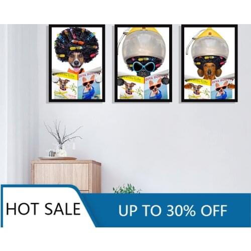 Dachshund Sausage Dog Hairdressers Canvas Painting Home Decoration Wall Decor Funny Pet Dog Reading Newspaper Posters and Prints