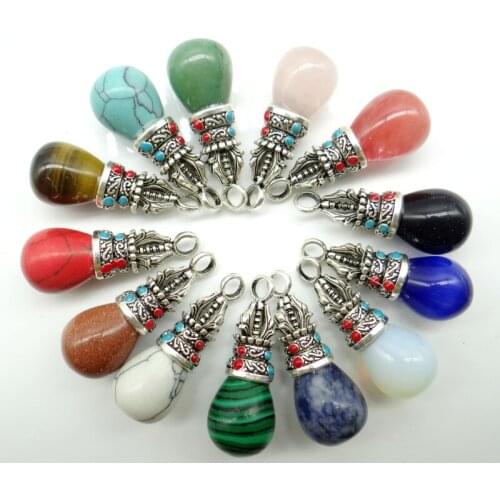 Wholesale10pcs New Fashion Various natural stones Tibetan silver inlaid drop-shaped pendant DIY making necklace earrings 40*15mm