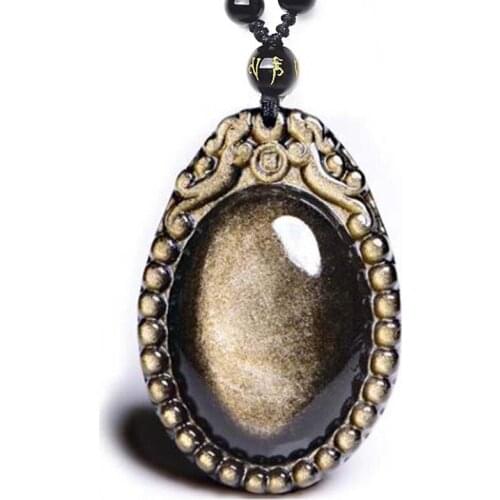 Drop Ship Gold Obsidian Drop Water Necklace Pendant Jade Pendant With Gold Beads Chain Lucky Amulet Pendant Lovers Jewelry