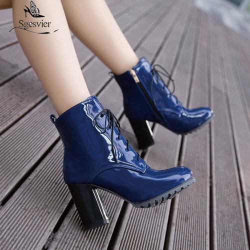 Sgesvier Ankle Boots For Women Shoes High Heels Short Boots Patent Lace-up Womens Ankle Boots Blue Red Black Large size 45 46
