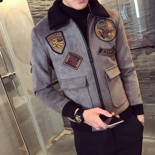 Thick Suede Coat Fur Collar Erkek Khaki Winter Slim Fit Parka Velvet Bomber Mens Pilot Jackets