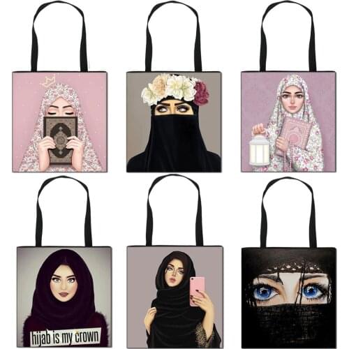 Unique Design Hijab Face Muslim Painting Square Handbag for Women Shopping Shopper Bags Large Capacity Islamic Gril Totes
