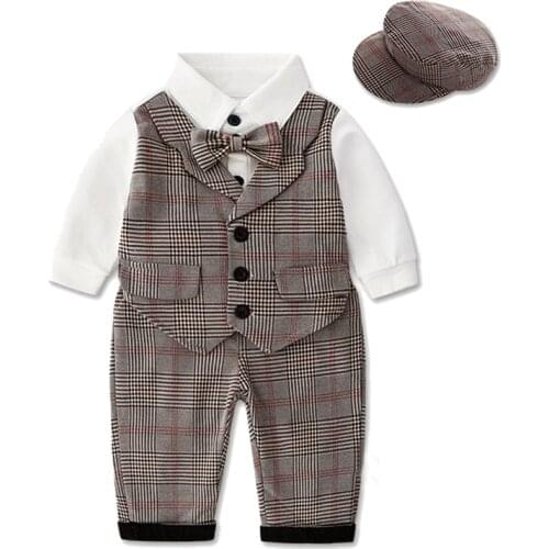 Vintage Boys Clothes Set Baby Clothing Infant Suit Baby Boys Outfits Gentleman Plaid Bow Tie Rompers Vest Pants Baby Formal Set