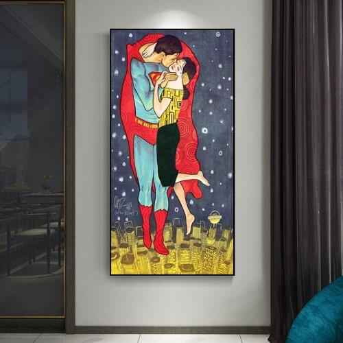 Fun Art Superhero Kiss By Gustav Klimt Canvas Paintings Posters and Prints Wall Art Pictures for Living Room Decor Cuadros