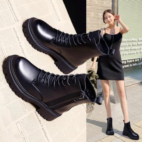 Female British style 2020 new side zipper locomotive ankle boots autumn and winter plus velvet warm cotton shoes thin boots