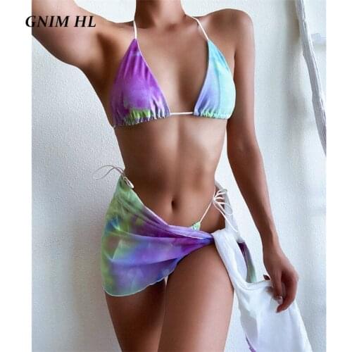 GNIM Sexy Thong Bikini Set 2020 Summer Three Pieces Swimwear Women Bandage Backless Swimsuit Beachwear Print Swimming Suit Women