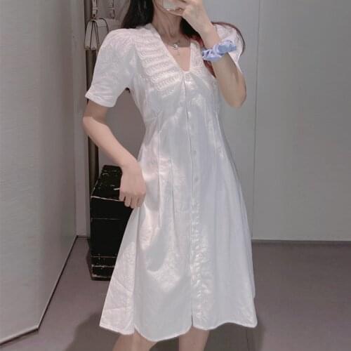 2021 Summer Sweet Mini Dress Women Puff Sleeve Big Peter Pan Collar White Cotton Dress Lady Party One Piece Dress Korean Fairy