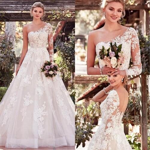 Amazing Appliques Wedding Dresses Vestidos de novia Bridal Tulle One Shoulder Neckline A-line Wedding Dress With Lace Appliques