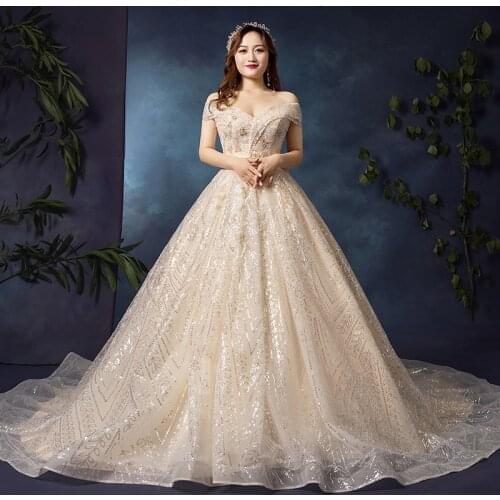 New Champagne Wedding Dress Boat Neck Lace Embroidery Off the Shoulder Short Sleeves Bling Luxurious Women Bride Dresses B007