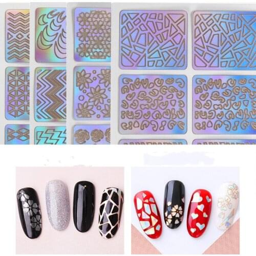 24 /12/6 Sheets DIY Nails Stamping Template Nail Stickers Irregular Grid Stencil Reusable Nail Art Vinyls Hollow Stickers Decor