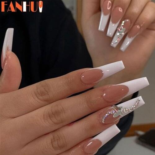 24pcs/Box Detachable Butterfly Rhinestone Ballerina False Nails Wearable Long Coffin Fake Nails Full Cover Nail Tips With Glue