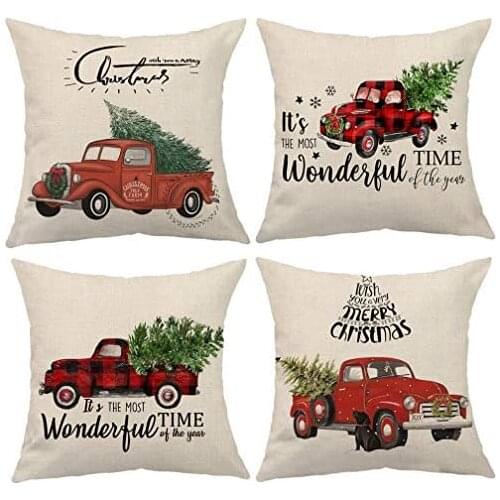 Red Truck Throw Pillow Covers with Xmas Tree Winter Holiday Christmas Square Pillow Case 18x18 Inches,4Pack