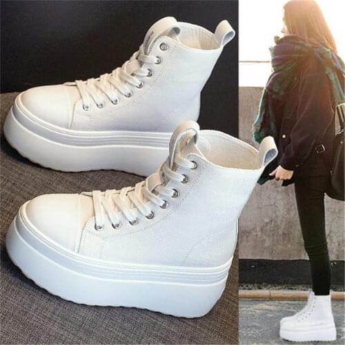 Platform Shoes Womens Cow Leather Round Toe Ankle Boots Canvas Chunky High Heel Oxfords Military Punk Goth 34 35 36 37 38 39