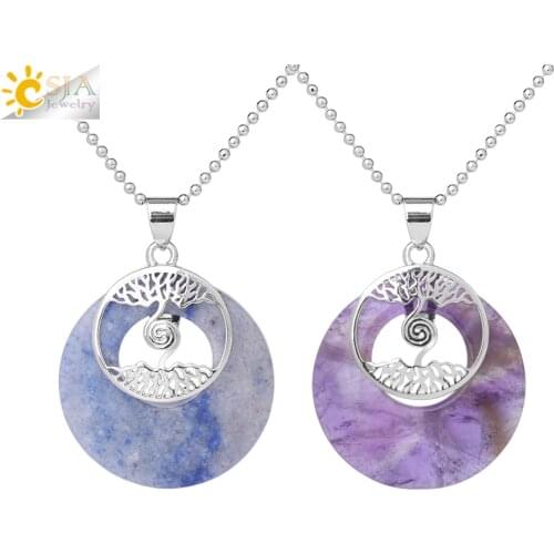 CSJA Two Tree of Life Necklaces Pendants Natural Round Gem Stone Unakite Tiger Eye White Purple Crystal Reiki Jewelry Lady F835