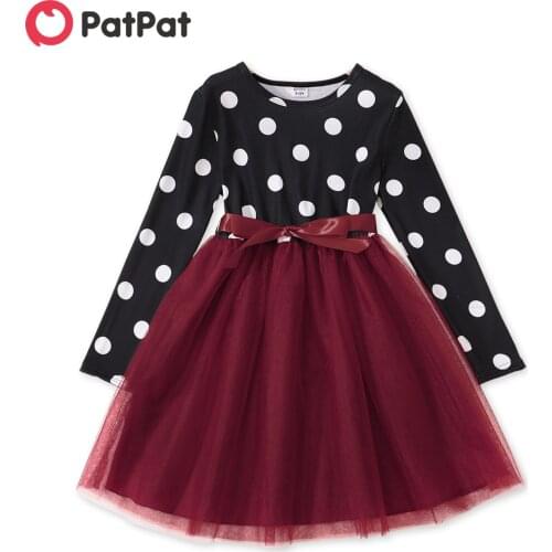 PatPat Kid Girl Polka dots Stitching Bowknot Design Long-sleeve Mesh Dress