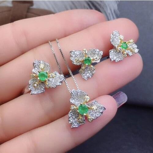 Elegant Natural Real Emerald Set 925 Sterling Silver 1pc Emerald Ring,2pcs Emerald Earring,1pc Emerald Pendant