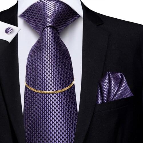 Hi-Tie Large Luxury Purple Hanky Cufflinks Set Silk Fashion Mens Ties With Accessories Chain Ties for Men Classic Business