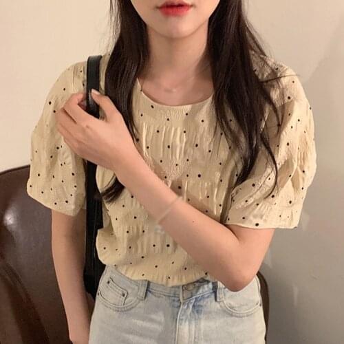 Summer Round Neck Retro Shirt Casual Minimalist Spot Pleated Loose Short-Sleeved Puff Sleeve Shirt Female