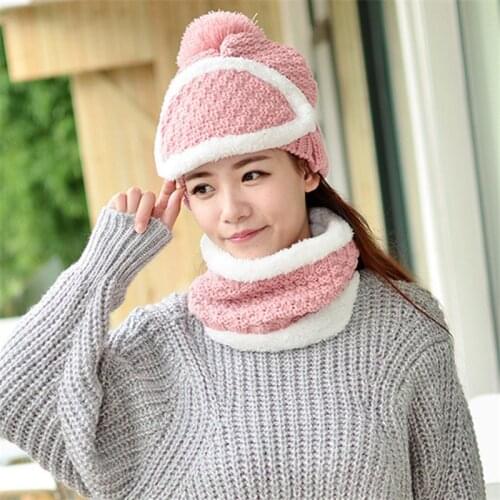 New Winter Thick Scarf Hat Set Warm Masks Hat Scarf Three Set Autumn Winter Womens Knit Beanies Pom Poms Windstop Sets