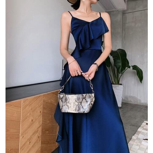 Vintage Summer Blue Satin Dress Women Spaghetti Strap Adjustable Ruffle Bodycon Backless Wrap Sexy Club Party Dresses
