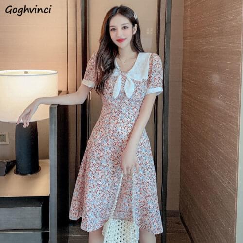Short Sleeve Dress Women Peter Pan Collar Knee-length Print Stylish Elegant Temperament High Waist French Ladies Vestidos Gentle