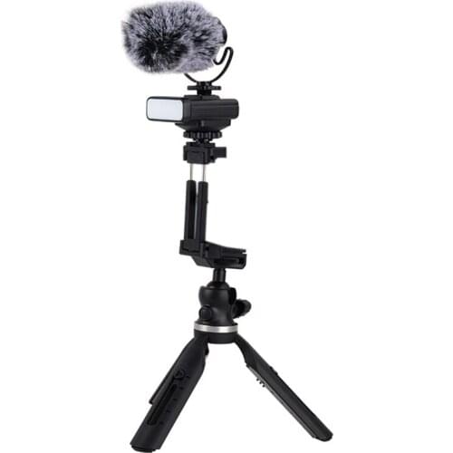 ORDRO Camera Stand Portable Video Live Recording Microphone + Fill Light + Cold Shoe Mouth Telescopic Tripod