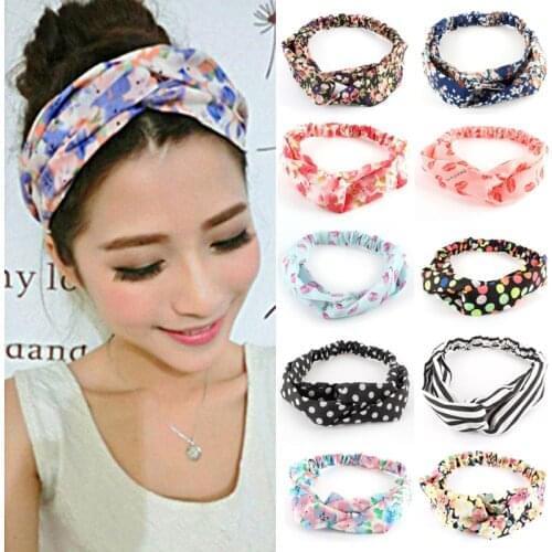 2021 Women Girls Summer Boho Hair Bands Vintage Cross Knot Elastic Print Headbands Fashion Turban Headwear Hair Accessories