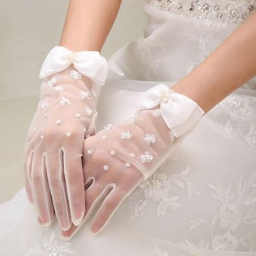 Simple Short Spring Summer Mesh Thin Section Gloves Artificial Pearl Bow New Wedding Dress Bride Glove E15E