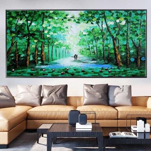 Hand-painted knife painting Nature Sunshine Canvas Painting Green tree Poster Forest Landscape Wall Art Pictures for Home Decor