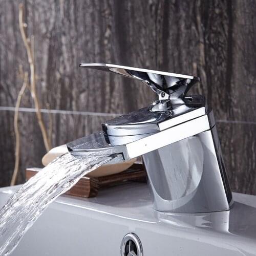 LIUYUE Basin Faucets Brass Brushed Nickel/Gold Bathroom Flat Mouth Waterfall Basin Faucet Deck Mounted Cold Hot Water Mixer Taps