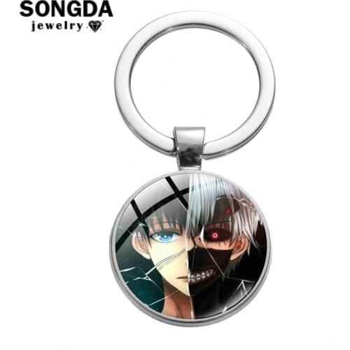 SONGDA Tokyo Ghoul Anime Keychain Kaneki Ken Key Chain High Qulaity Cartoon Photo Glass Cabochon Key Ring Holder for Best Friend