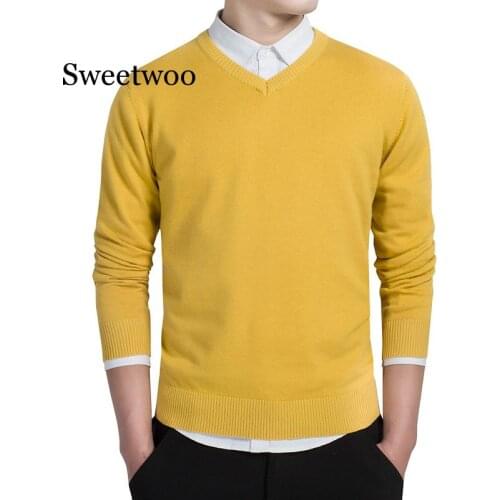 V-neck Knitted Sweaters 2020 Autumn Fashion Casual Men Sweaters Pullover Slim Fit Cotton Solid Men Pullover Plus Size M-3XL