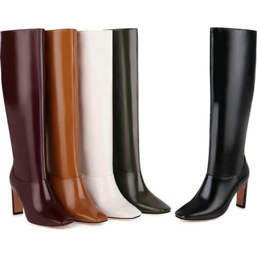 2021 New Spring Autumn Women Knee High Boots Fashion Slip On Square Toe Long Boots Ladies Thick High Heel Winter Shoes Woman