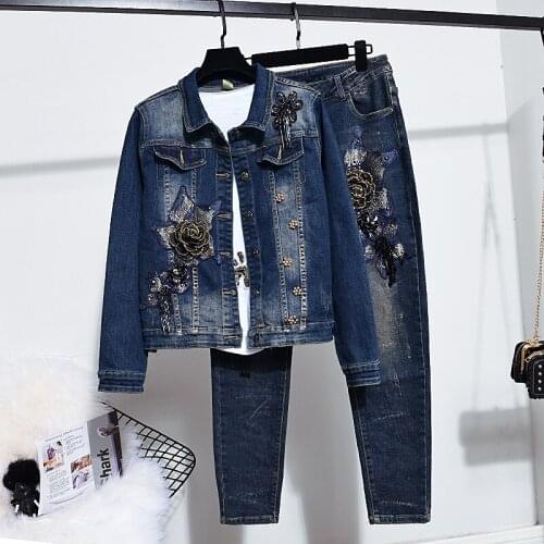 2021 Spring Autumn Women Denim Clothing Fashion Flowers Hanging Beads Denim Jacket + Casual Jeans Two Piece Set Female Tide H981