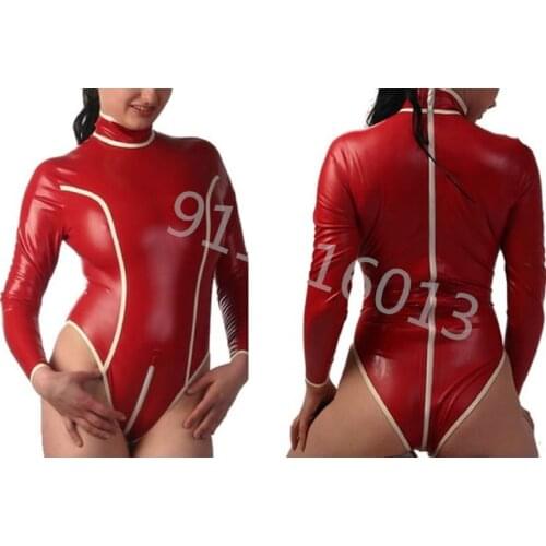 Ladies Red with White Latex Rubber Catsuit With Back Crotzh Zip Latex Rubber Bodysuit Sexy Leotard Costumes