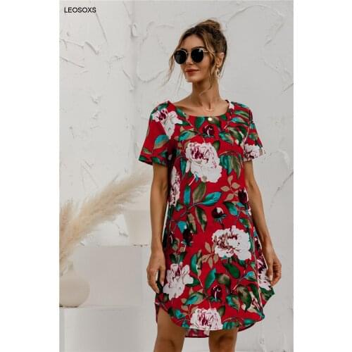 Womens Summer Sundresses Fashion Short Sleeve Round Neck Cotton And Linen Flower Print Dress Casual A-line Dress