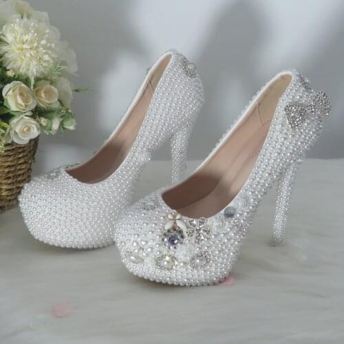 BaoYaFang White pearl Beads Womens Wedding shoes Bride High heels party dress High platform shoes Woman Round Toe Shallow Pumps
