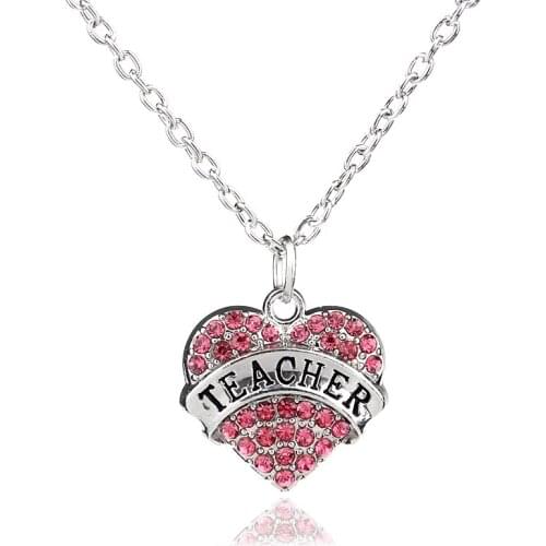 Bespmosp 24PC/Lot Wholesale Teachers Day Gifts Delicate Pink Crystal Teacher Charm Pendant Necklace Women Men Statement Jewelry