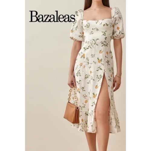Bazaleas Elegant Yellow Tulip Print Split Vestidos Retro Short Sleeve Midi Dresses Vintage Back Elastic Summer Dress