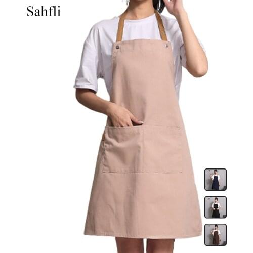 Korean Style Sleeveless Apron with Pockets Simple Home Overalls Solid Color Halter Neck Design Adult Antifouling Breathable
