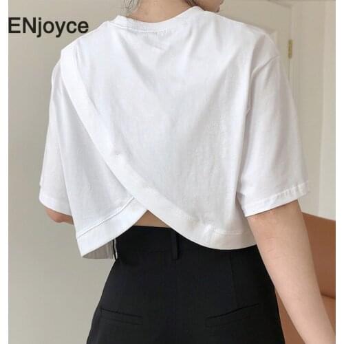 Fashion New Unique Design Back Split Sexy O Neck Cotton Tees Slim Influencer Loose T-shirts Short Sleeve Crop Tops for Women