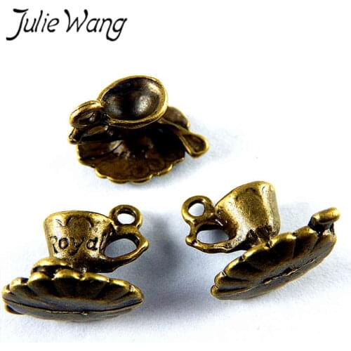 Julie Wang 10PCS Retro Coffee Tea Cup Charms Set With Spoon Zinc Alloy Antqiue Bronze Cute Pendant Jewelry Making Accessory