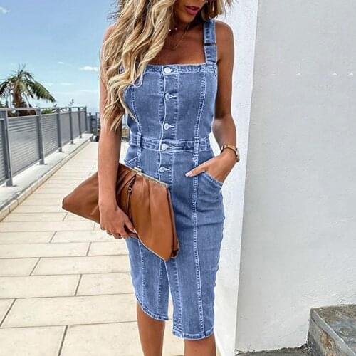 Patchwork Plus Size Button Denim Knee Length Dress Women Sleeveless Square Collar Office Dresses Female Summer Jeans Dress 4