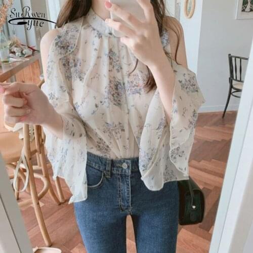 Fashion Off Shoulder Tops Women Blusas Mujer De Moda 2021 Print Summer Chiffon Blouse Elegant Loose Office Lady Tops Shirts 9931
