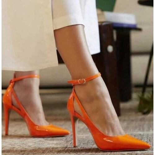 Moraima Snc Newest Pointed Toe High Heel Shoes Sexy Orange Patent Leather Ankle Strap Woman pumps Cutouts Party Wedding Shoes