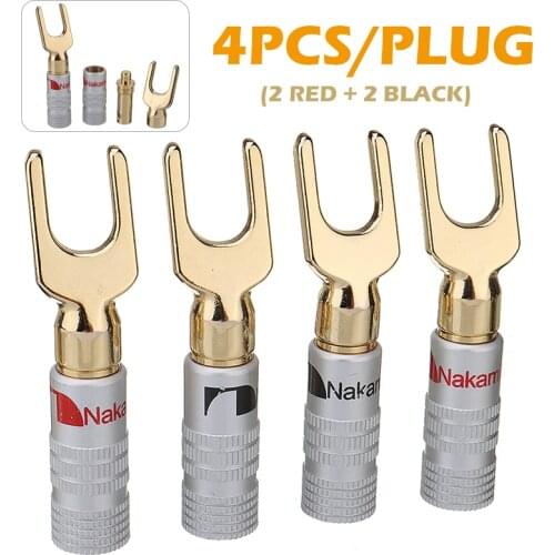 4Pcs New U Screw Spade Fork Banana Plug Connector Terminal Gold Plated 4mm Audio Speaker Double Screws Fork Cable Adapter
