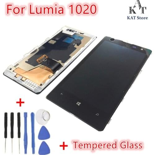 New 4.5" For Nokia Lumia 1020 RM-875 LCD Display Touch Screen Digitizer Assembly Frame Replacement + Tempered Glass + Tools 1Pcs