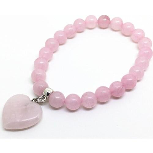 Wholesale Natural Stone Beads 8 mm Bracelets with Heart Charm Elastic Purple Pink Crystal Howlite Opal etc