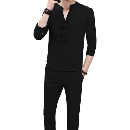 Mens Pajamas Three Quarter sleeve Sleepwear Cotton Linen trousers Pyjamas Mens Pajamas Set Mens Pyjama Retro