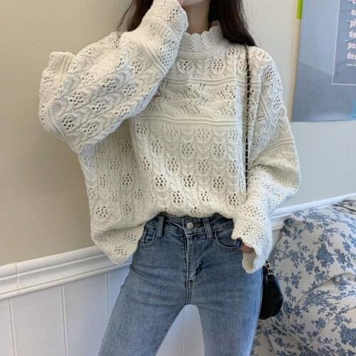 2021 spring new ladies pullover sweater Korean style hollow loose fashion half high collar solid color chic sweater autumn